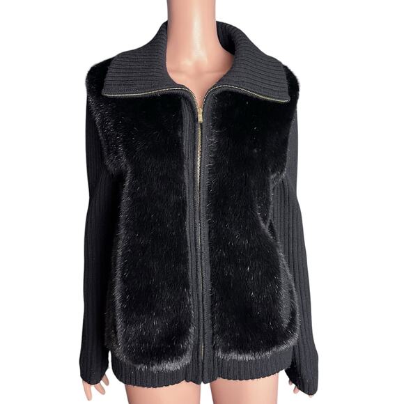 Jones NY Signature Merino Wool Faux Fur Front Large Gold Zipper Cardigan Luxe - Picture 1 of 6